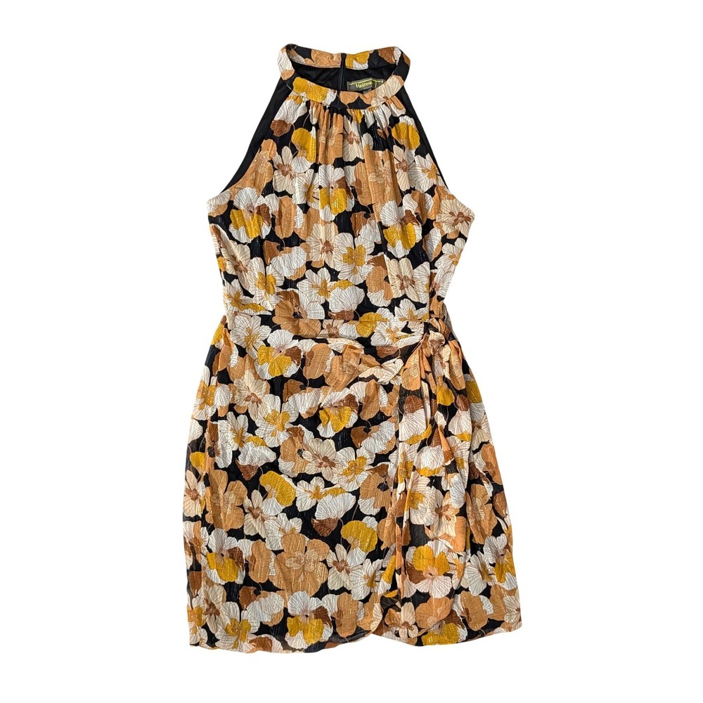 Melonie T Golden Hour Floral Metallic Mini Halter Dress w/ Side Tie Size 16 NWT